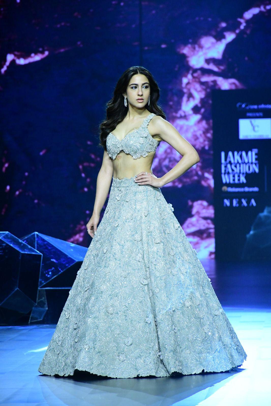 Sara looked absolutely stunning in a glitzy lehenga when she strutted down the runway for designer Varun Chakkilam. The combination of traditional silhouettes and Sara's grace was a perfect match. 